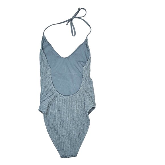 Hollister XXS Blue One Piece Swimsuit Ribbed Textured Cheeky High Cut Halter - Picture 2 of 4